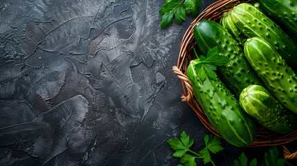 Obraz premium cucumber on dark background, top view, copy space for text