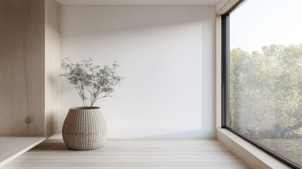 Luxury minimalist apartment interiors with elegant furniture and neutral lighting. Residential interiors design mockup composition with copyspace.