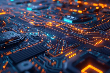 Obraz premium Circuit Board with Glowing Orange and Blue Lines for your background business, poster, wallpaper, banner, backdrop, greeting cards, and advertising for business entities or brands.