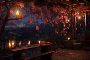 Obraz premium cherry blossoms hanging on the terrace with lit candles in the background