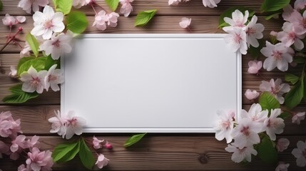 Spring cherry blossom background with wooden board