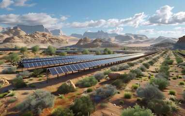 Naklejka premium Stunning solar farm in a desert landscape with mountains in the background under a bright blue sky with scattered clouds.