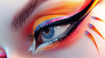 A detailed shot of a makeup artist's recreation of Bratz-inspired eye makeup, emphasizing bold winged eyeliner, colorful eyeshadows, and dramatic lashes for a fierce and sassy look.
