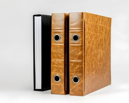 Three files, including two brown ring binders and one black notebook, neatly arranged in a row against a white background.