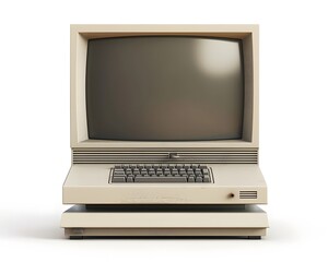 Vintage beige desktop computer with CRT monitor and keyboard, isolated on white background, representing retro technology.