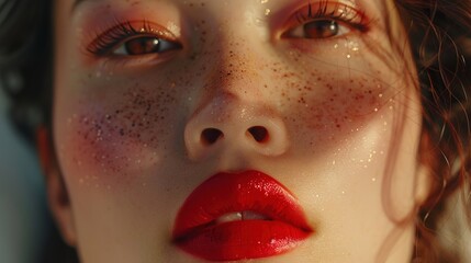 A high-definition image featuring full-face makeup with glowy eyeshadows and red lips, showcasing radiant eye makeup with shimmering shadows, defined brows, and a bold red lip color,