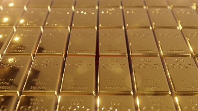 New shiny and glowing oven-cast gold bars ready to be stored in the national money reserve fund. The best and most profitable investment to keep your money liquid during a financial crisis, 3d render.