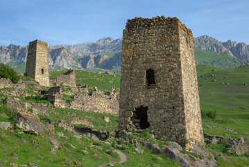 Early morning at the ancient towers. The surroundings of the Cmiti. North Ossetia-Alania, Russia
