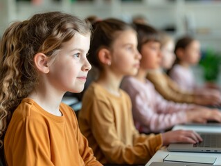 school children learning technology in classroom, young students using laptop computers, education and technology, elementary school students learning, kids in a computer lab