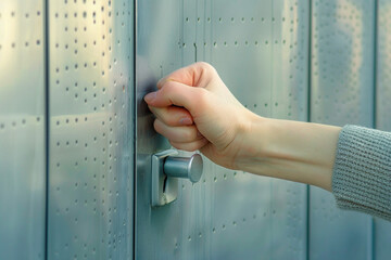 Naklejka premium Aggressive neighbor bangs her fist on a metal door. Dissatisfied woman complains about disturbing the peace and quiet silence of neighbors concept