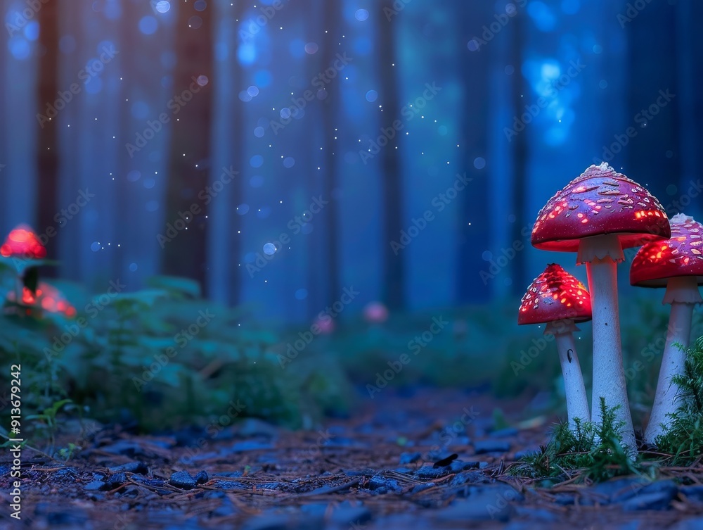 Poster enchanting red toadstools in mystical forest with fog and sparkling lights.