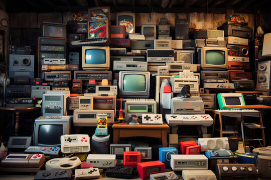 Classic Retro Video Games, Controllers and Systems. A large assortment of video game consoles, gamepads, and software 