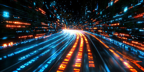 Digital binary code data streaming on a dark background