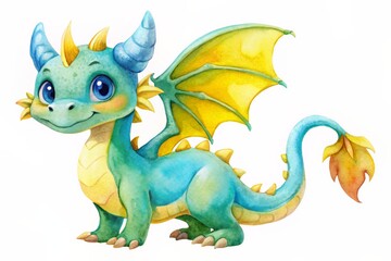 Cute and colorful baby dragon with big blue eyes and vibrant wings, looking playful and friendly.