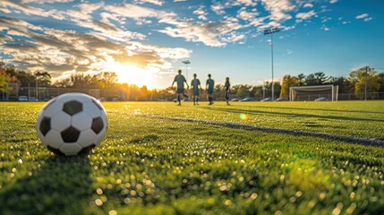 A vibrant sunset over a soccer field with players in motion, capturing the essence of competitive sports and teamwork.