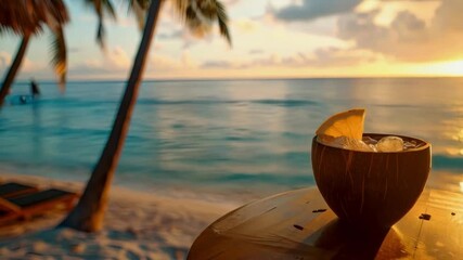 Cocktail in a coconut against the backdrop of the final ocean -4k new stock video footage