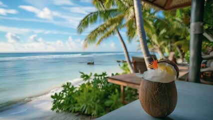 Cocktail in a coconut against the backdrop of the final ocean -4k new stock video footage