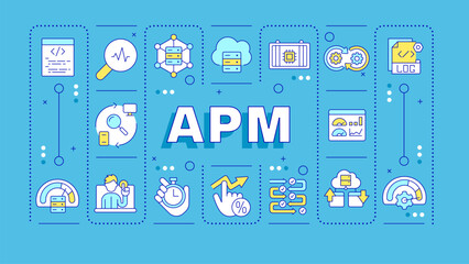 APM blue word concept. Application performance, system metrics. Cpu usage, processing power. Typography banner. Vector illustration with title text, editable icons color. Hubot Sans font used