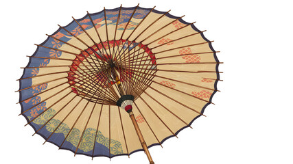 Traditional Japanese Umbrella Illustration: Wagasa with Colorful Patterns and Bamboo Frame