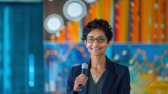 A middle aged indian woman speaking over a microphone.