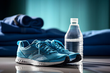 close up of a pair of sport shoes with towel and drink bottle