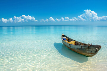 Obraz premium Wooden boat anchored in crystal clear turquoise waters of a tropical beach, serene and inviting