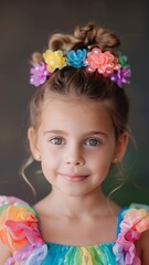 portrait of a young girl with a colorful flower crown and rainbow dress, smiling happily, looking at the camera, close-up