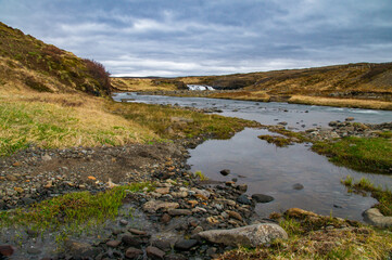 Iceland Landscape with ocean, mountains, coast, sky and clouds