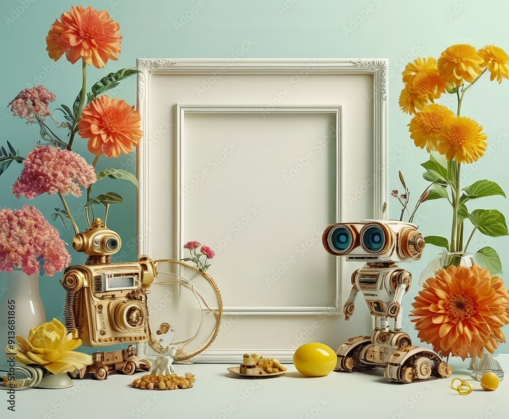 Poster white frame with blank space sits in the center, surrounded by variety objects including camera, rob