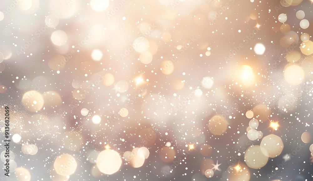 Poster light beige background with white sparkles and bokeh lights. soft pastel color backdrop for design, 
