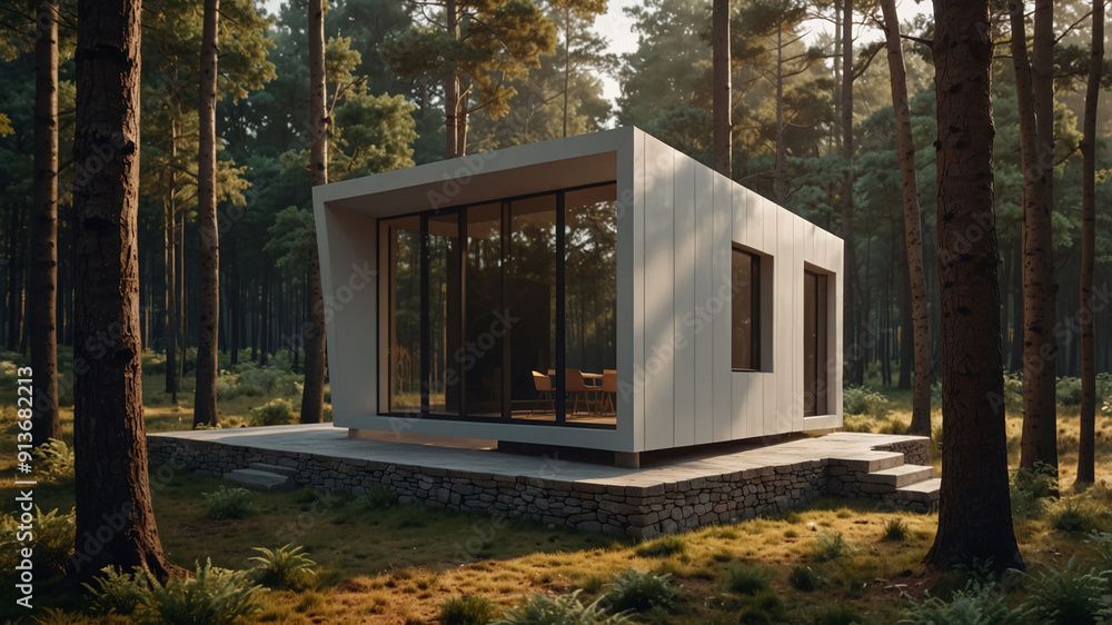 Poster minimalist modern cabin with large windows in tranquil forest setting at dusk