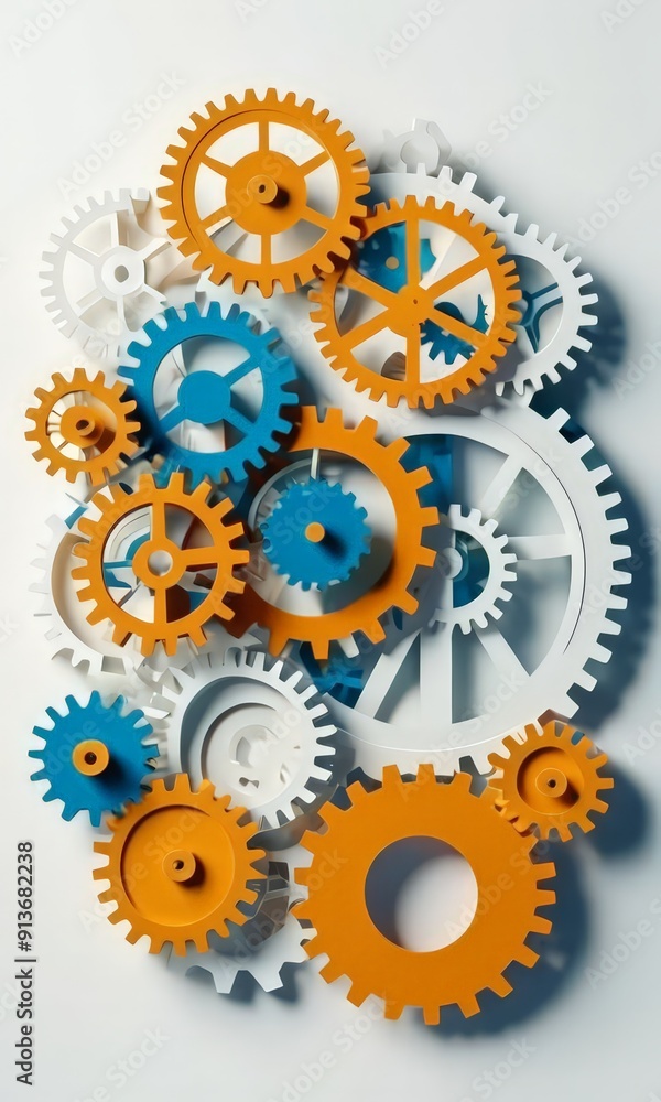 Poster collection colorful gears in orange, blue, and white are arranged in seemingly random yet visually a