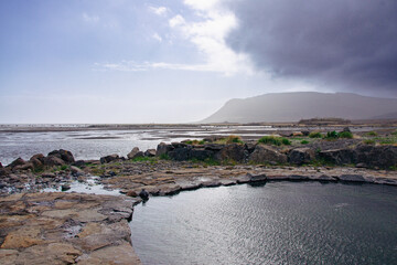 Iceland Landscape with ocean, mountains, coast, sky and clouds