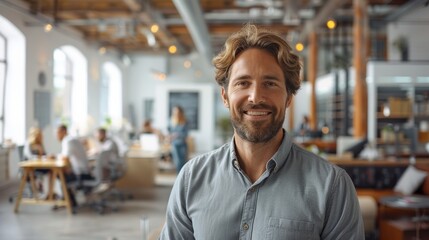 Obraz premium Happy Man Smiling While Standing in Modern Office During Busy Workday