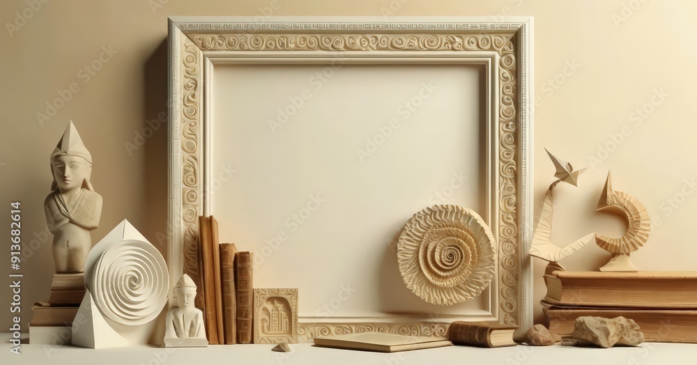 Poster white-framed picture frame with blank canvas sits on white surface, surrounded by various objects in