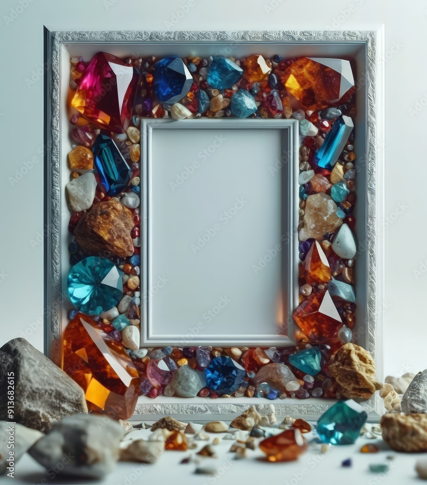 Poster white-framed picture frame with blank center is surrounded by vibrant array colorful gemstones, incl