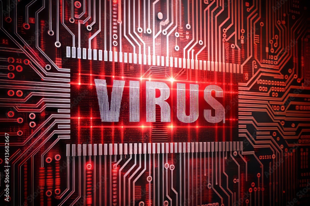 Fototapete virus text overlaid on circuit board texture with binary codes, set against a red and white barcode 