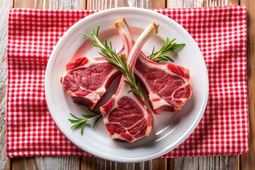 Fototapeta premium Two juicy raw lamb chops arranged artfully on a white plate, set against a rustic red and white checkered background.