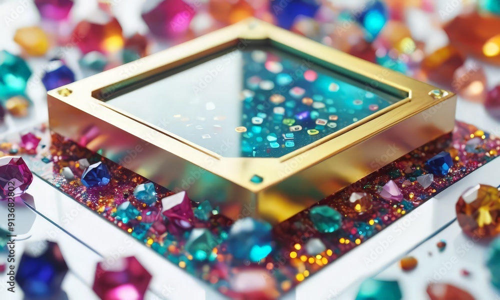 Poster golden box with clear glass window is surrounded by vibrant array colorful gemstones, creating visua