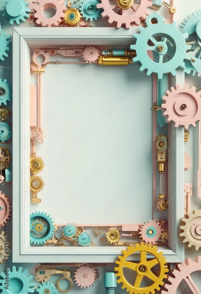 Poster white frame with blank center is surrounded by vibrant array colorful gears and cogs in shades pink,