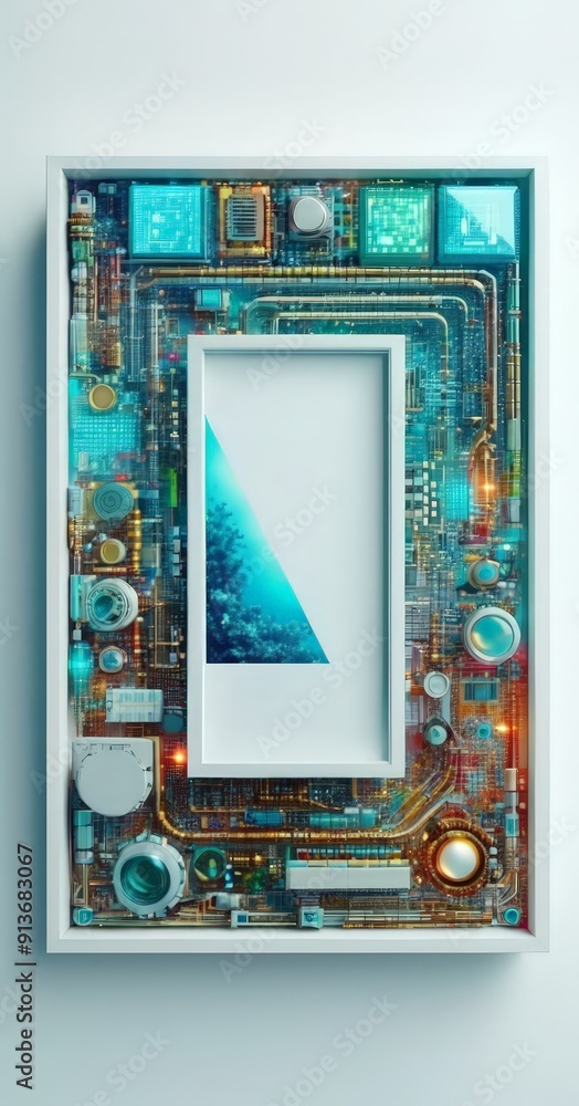 Aufkleber white frame with white square in the center, surrounded by vibrant array electronic components and c