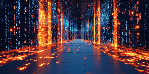 Naklejka premium Digital binary code data streaming on a dark background