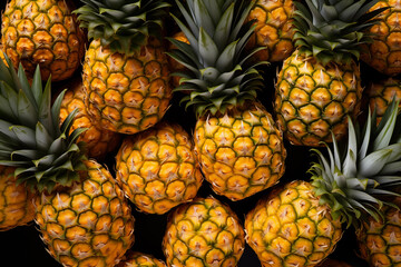 A pile of fresh Pineapple form the background, shown from above