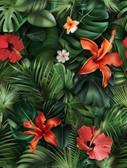 Fototapeta premium Seamless watercolor pattern depicting a tropical paradise with exotic flowers and plants