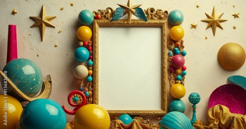 Poster white frame with blank space is surrounded by vibrant array colorful balls, including blue, yellow, 