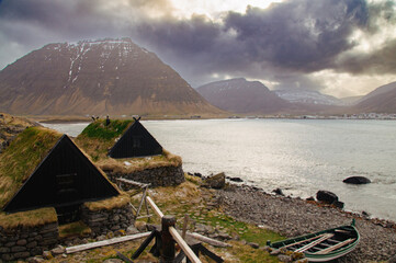 Iceland Landscape with ocean, mountains, coast, sky and clouds