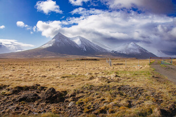 Landscape in Iceland with Mountains, sky and clouds