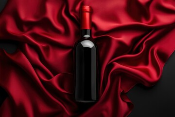 Bottle of red wine with red satin on a black background. Top view with generative ai