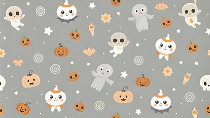 Baby seamless pattern Happy Halloween. Cute kid's background. Cartoon pumpkin, ghost, bat, skull, and spider. Modern Design for celebration, fabric, packaging