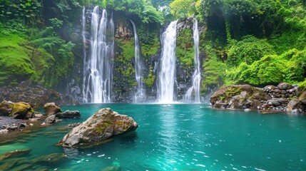 Serene Waterfall Plunging into a Lush Tropical Paradise